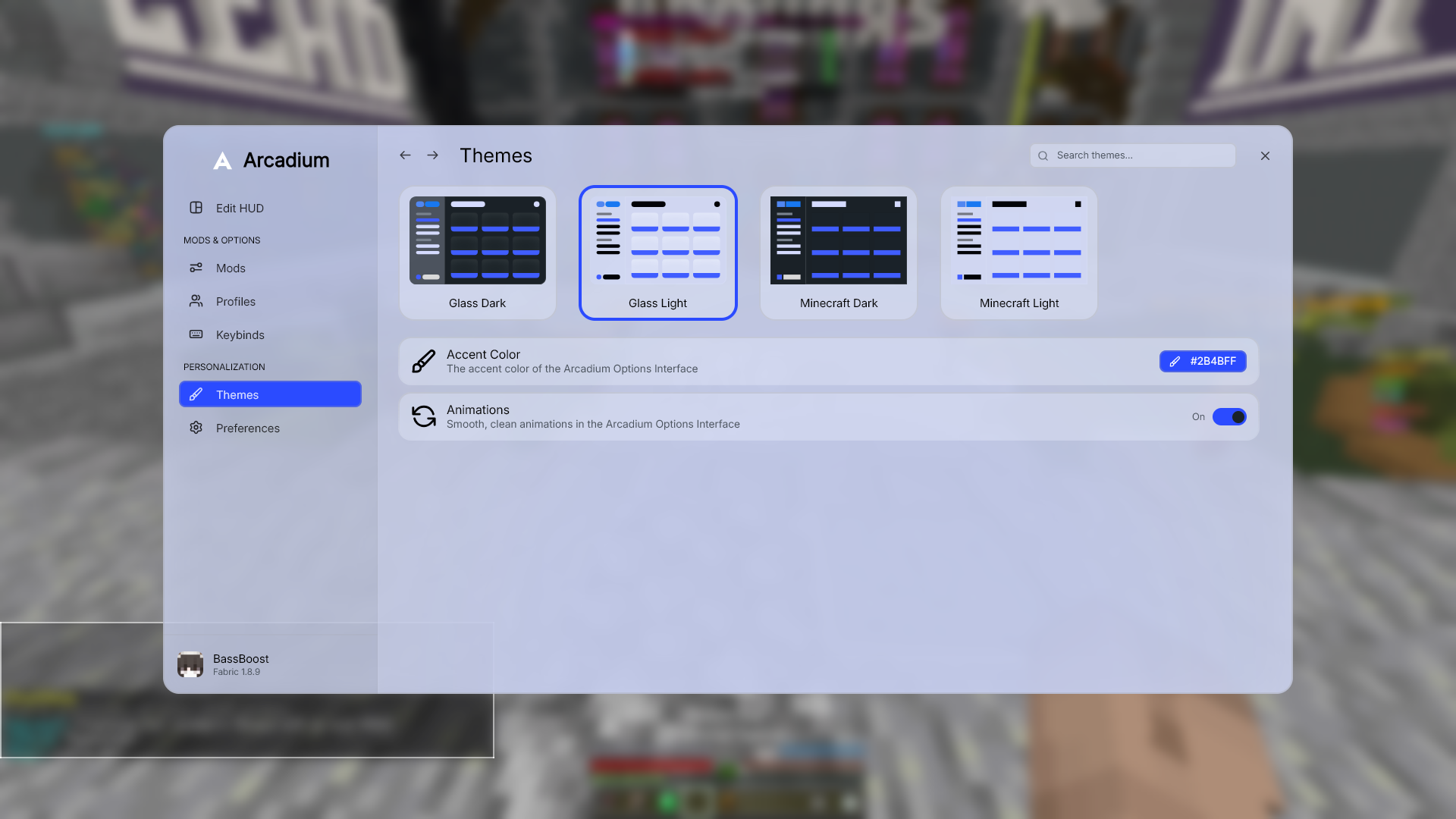 The same Arcadium Options interface in Glass Light.